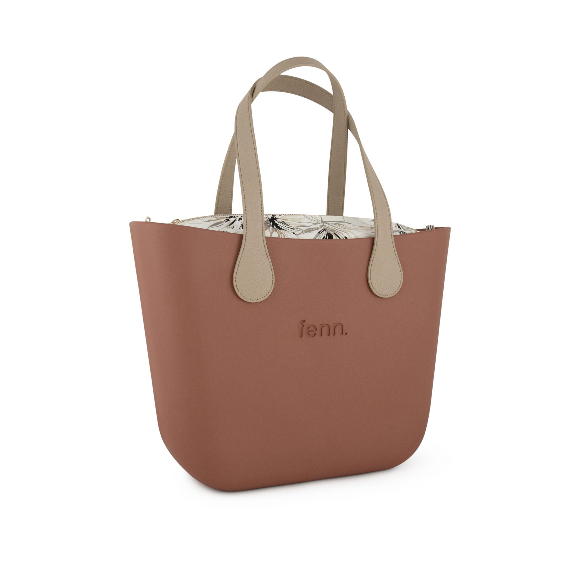 Saleys Travel Bags FENN Original Collection: Tan – Pattern Inner – Gold Zip – Light Stone Flat Handle